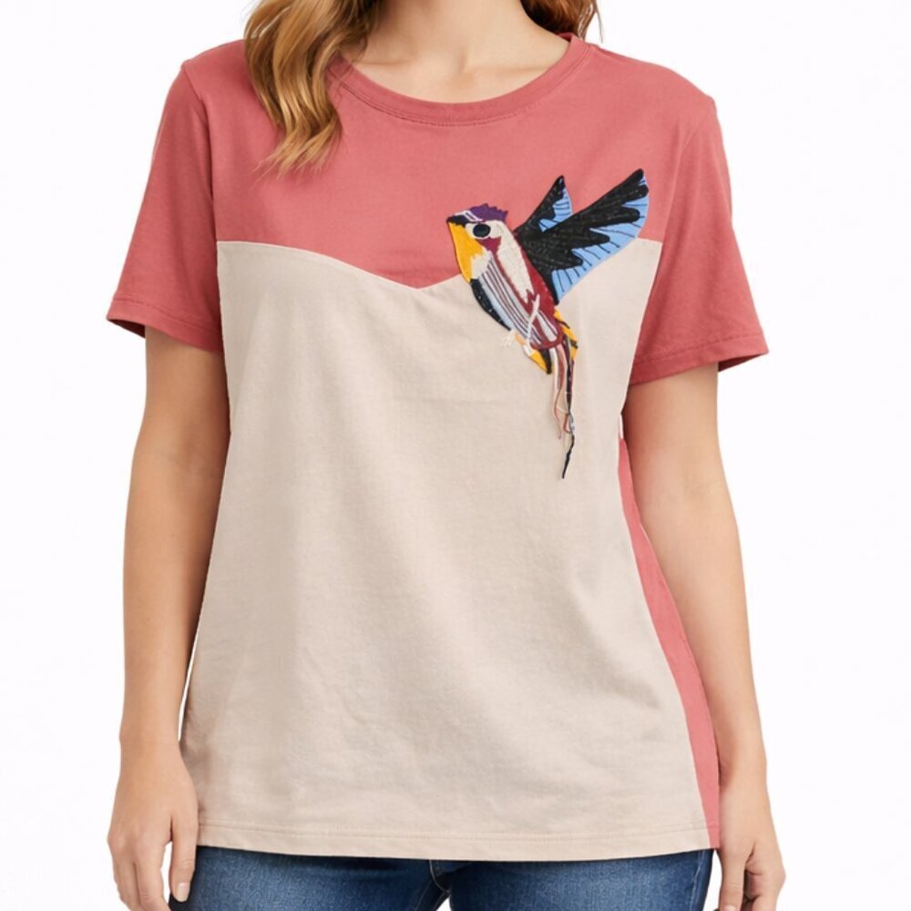 The Handsome Korea Colorblock Bird Embroidered Tee Free Size Oversized - Picture 1 of 4